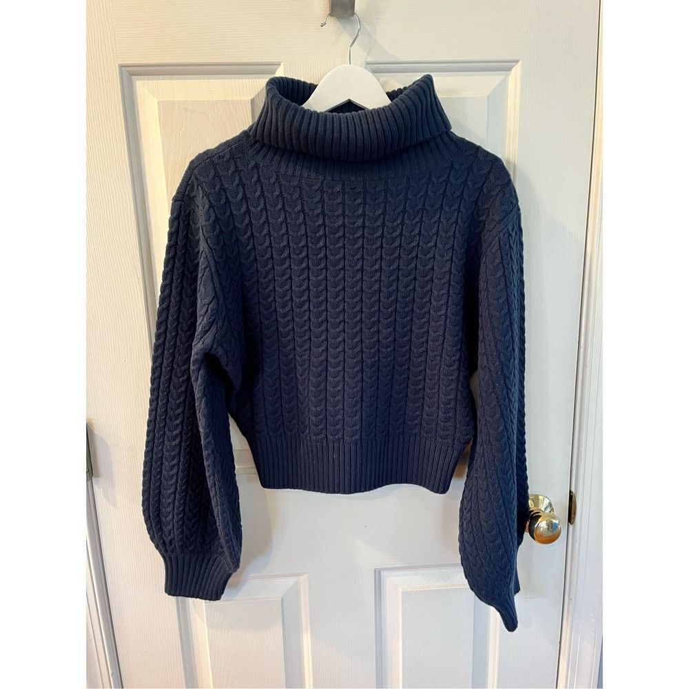 WeWoreWhat Navy Cable Knit Puff Sleeve Wide Turtle Neck Sweater sz S NWOT - Picture 1 of 7